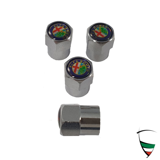 VALVE CAP SET METAL CHROME HEXAGON 9mm ALFA ROMEO EMBLEM COLORED