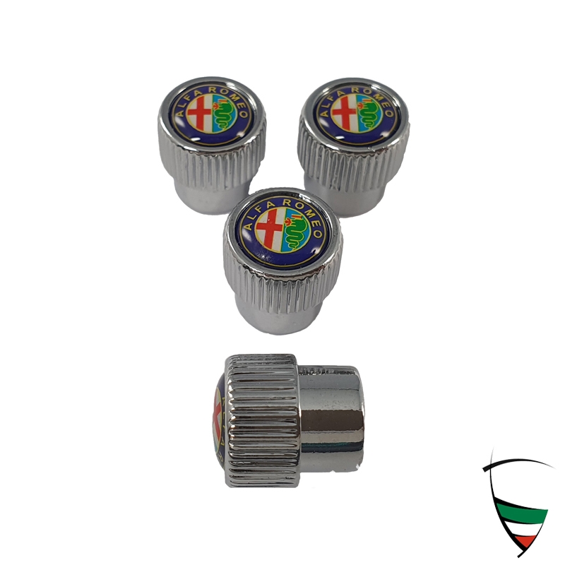 VALVE CAP SET METAL CHROME RIBBED ALFA ROMEO EMBLEM COLORED