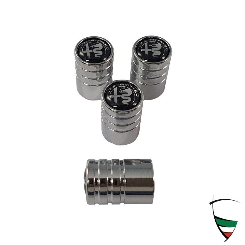 VALVE CAP SET METAL CHROME CYLINDRICAL ALFA ROMEO EMBLEM BLACK/WHITE