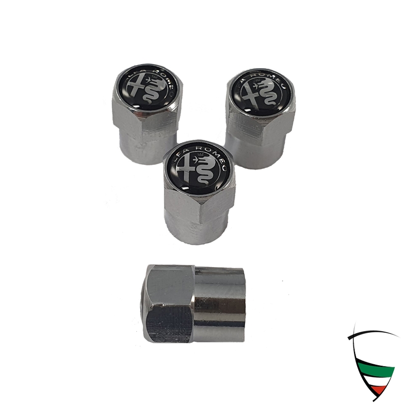 VALVE CAP SET METAL CHROME HEXAGON ALFA ROMEO EMBLEM BLACK/WHITE