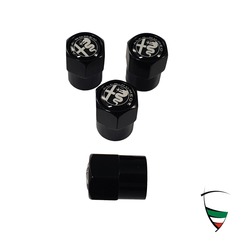 VALVE CAP SET METAL BLACK HEXAGON ALFA ROMEO EMBLEM BLACK/WHITE