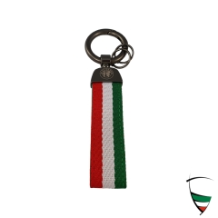 Portachiavi tessile tricolore 123x22 mm con moschettone e due portachiavi